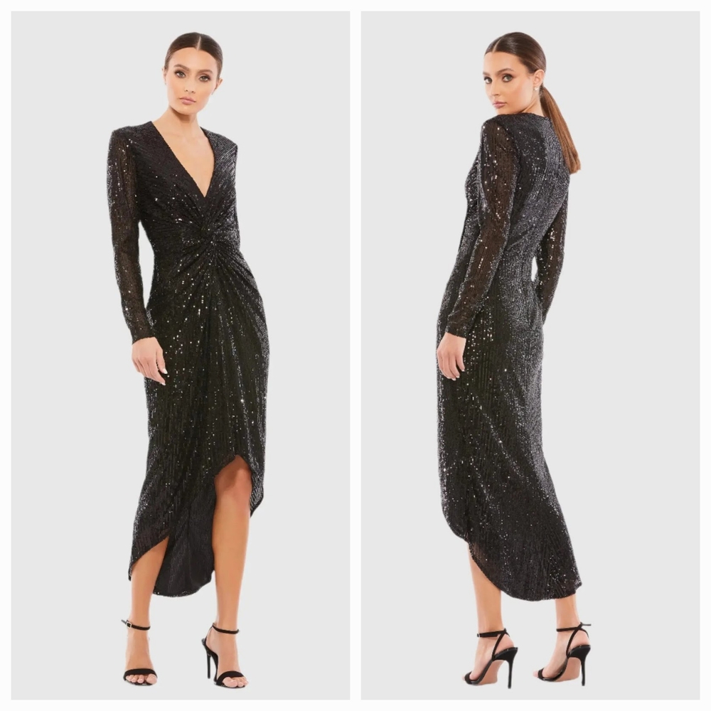 Women's Mac Duggal Black Sequined Long Sleeves High-Low Cocktail Dress. Size 6